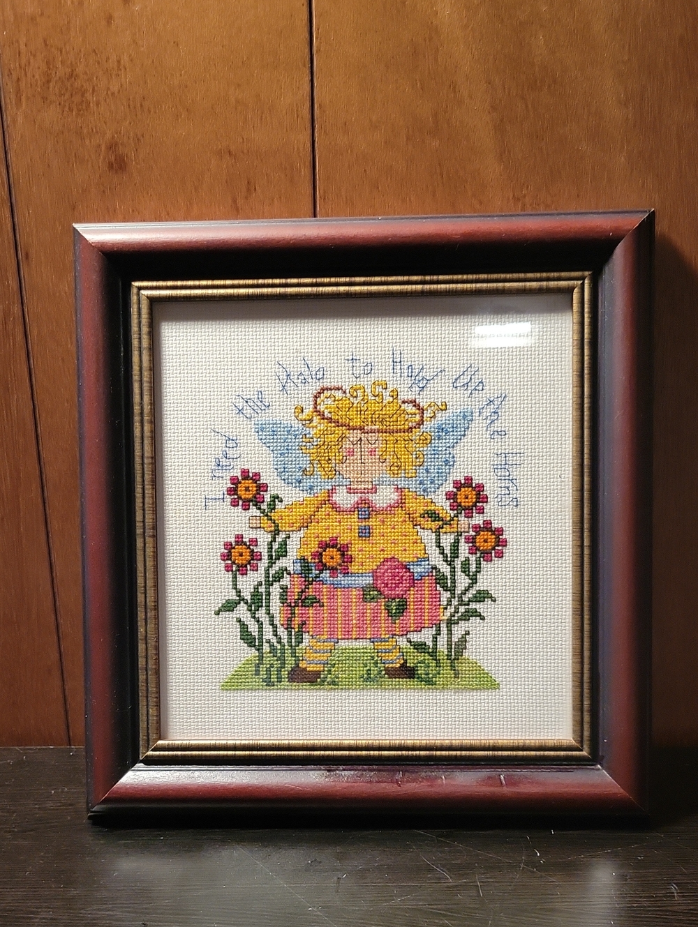 Michaels Framed Cross-Stitch Angel I Need The Halo To Hold Up The Horns.